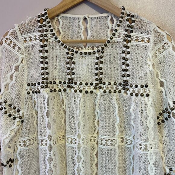Anthropologie Maeve Auralis Studded Lace Sheer Top Boho Fairy Retro Ivory Small - Picture 4 of 11